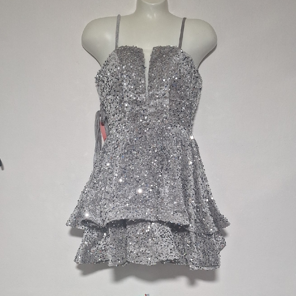 Silver Sequin Layered Mini Dress